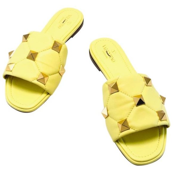 VALENTINO Yellow Roman Stud Quilted Slide Sandals Size Eu:40